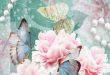 Schmetterlinge, rosa-weiße Rosen und weiße Perlenketten auf hellblauem Hintergrund